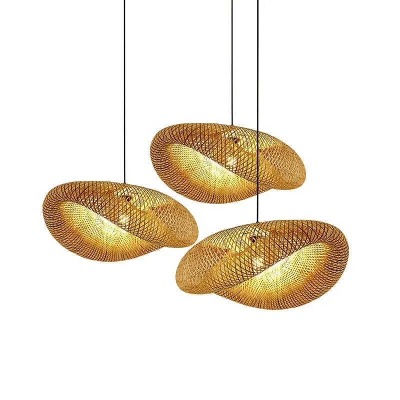 Bamboo straw hat-shaped hanging ceiling lamp in natural woven finish