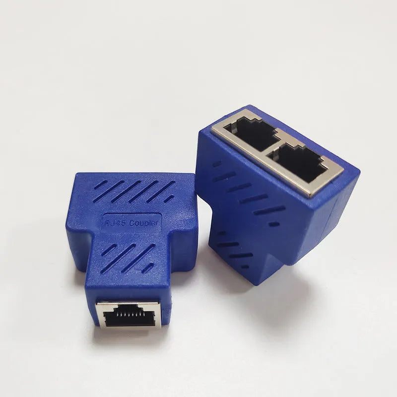 RJ45 network cable splitter adapter in multiple colours dividing one Ethernet connection into two outputs