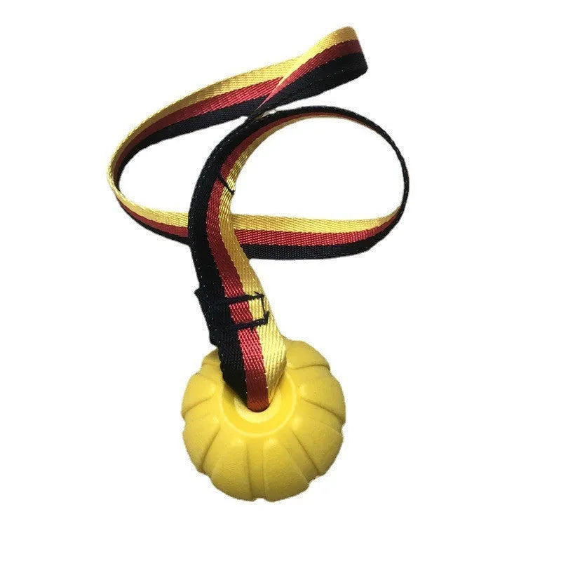 Floating EVA pet training ball in camouflage or yellow colours with attached string, shown in 6.5cm, 7cm, and 9cm diameter sizes