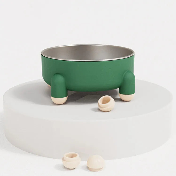 Non-slip stainless steel high foot pet bowl in green pink or white for dogs and cats