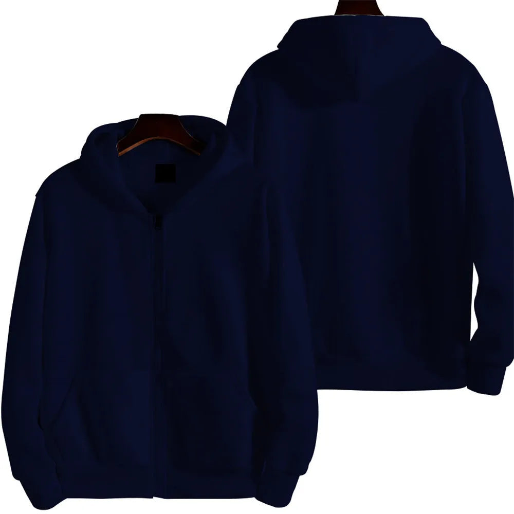 Men's solid colour loose sports zip jacket in polyester-spandex fabric showing zip front and cardigan style