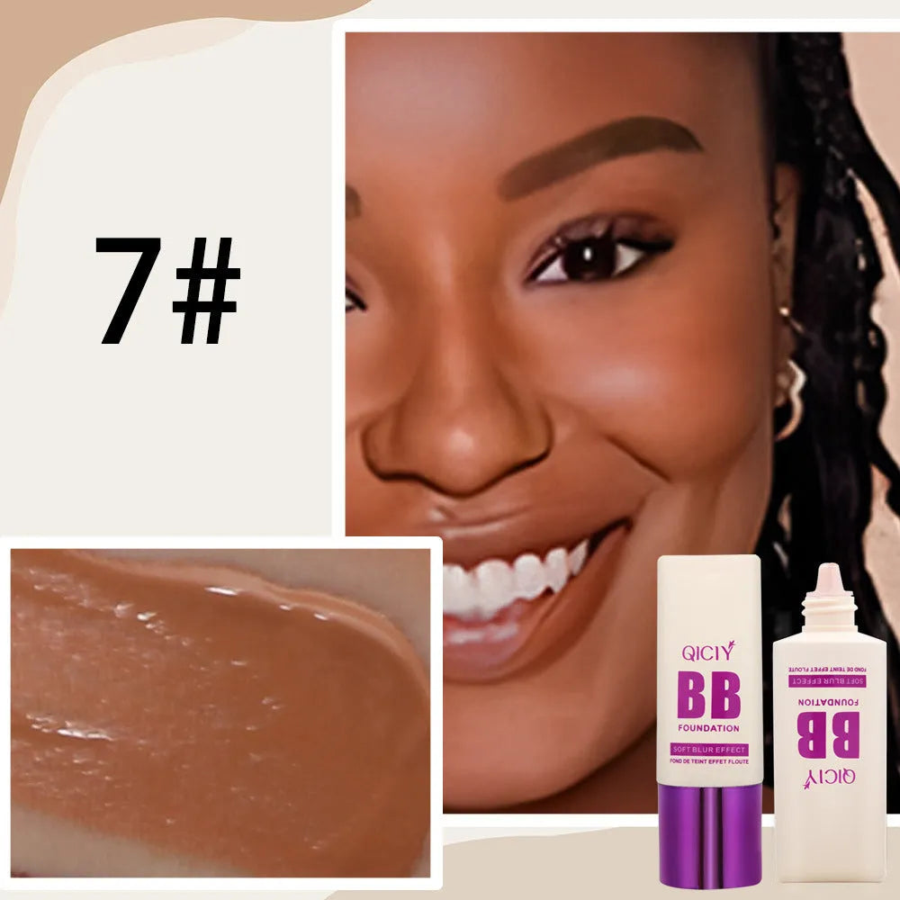 Feeding bottle of liquid foundation BB cream in one of ten available shades for brightening and concealing.