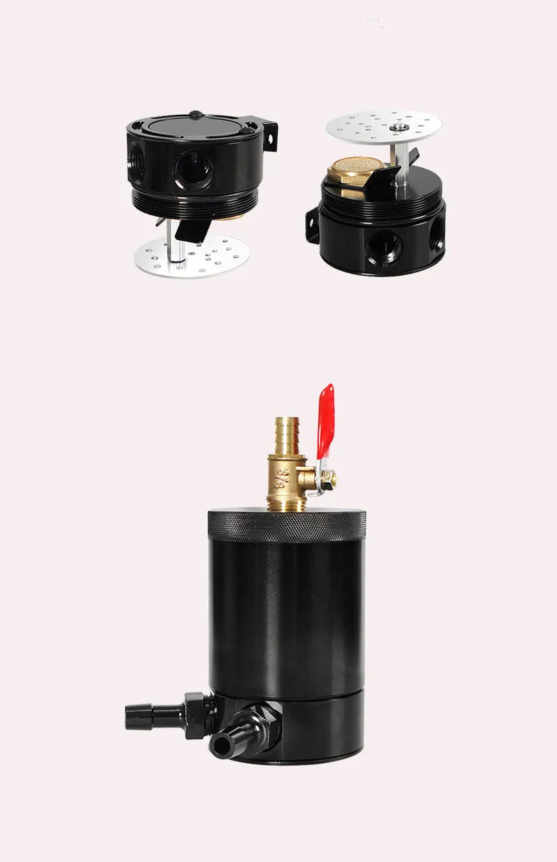 Black aluminium two hole automotive oil can with oil-free valve and connectors.