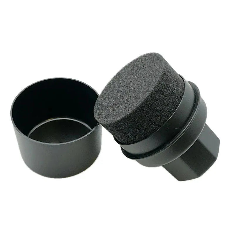 Car tyre polishing sponge brush with lid showing 85 × 120 mm dimensions and four colour/texture options
