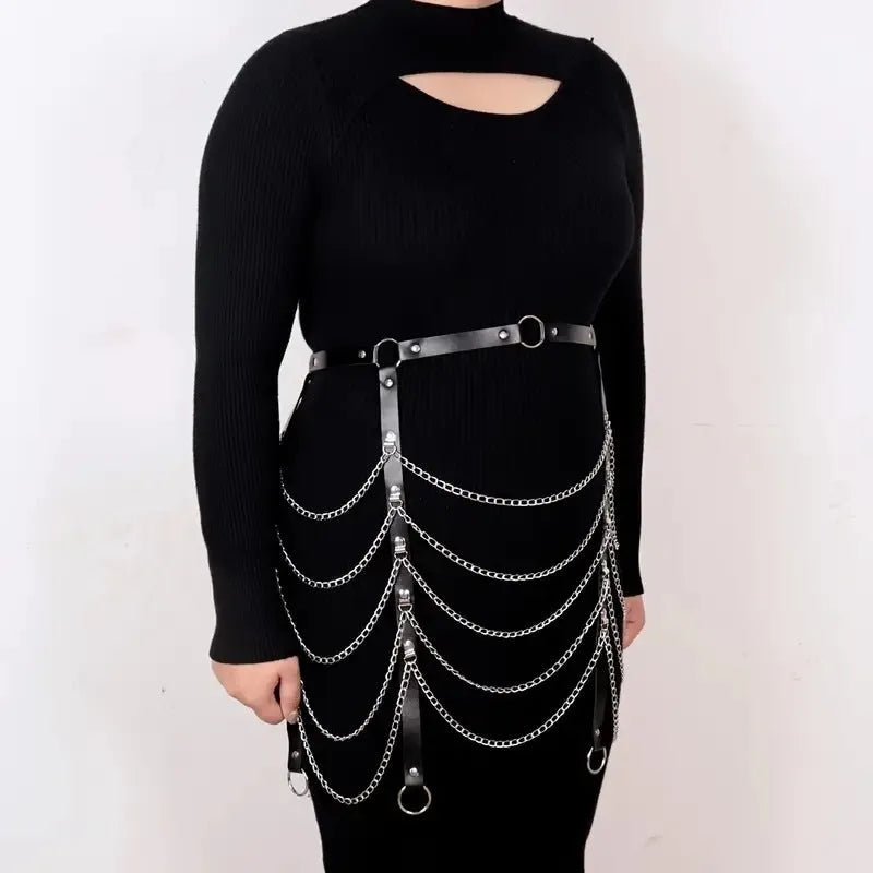 Black PU leather waist chain ornament with bandage detail and chain binding decoration