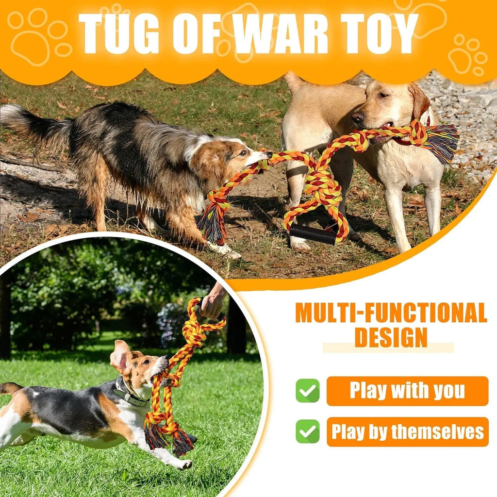 Blue and yellow durable cotton rope tug toy for large dogs with ergonomic handles