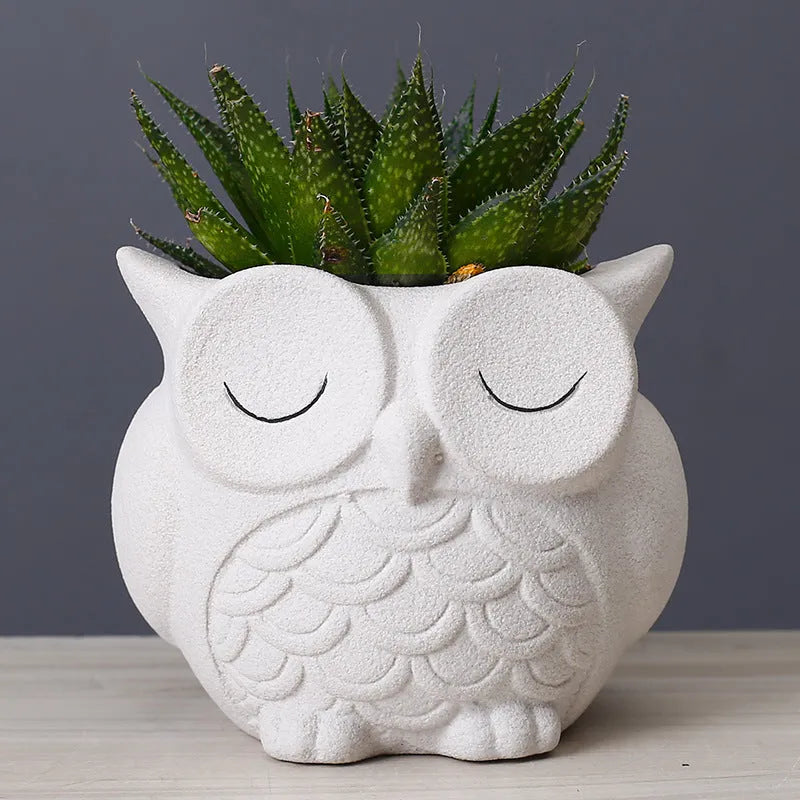Handmade ceramic owl succulent pot with frosted finish in light pink colour