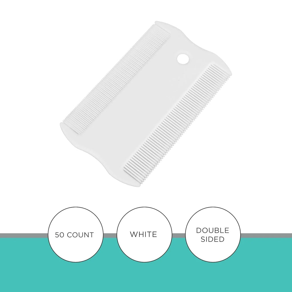 Double-sided plastic flea comb for dog and cat facial grooming showing dense teeth and compact size