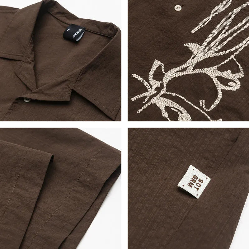 Brown coffee colour striped Cuban collar short sleeve shirt for outdoor waterproof wear