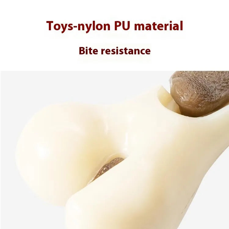 Brown bone-shaped dog chew toy made from cowhide and nylon materials