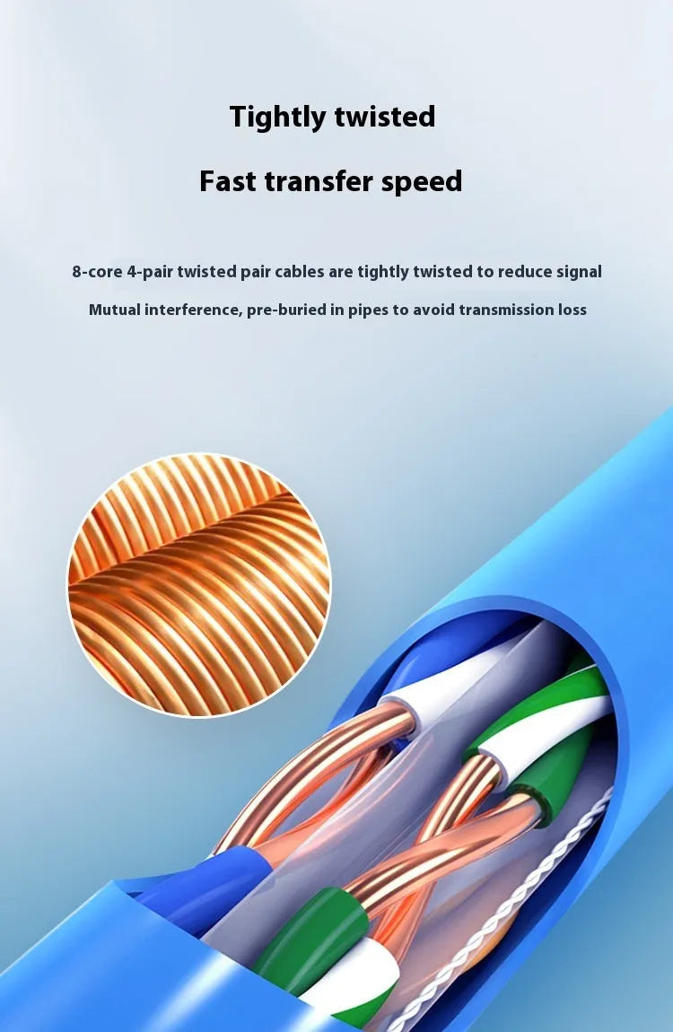 305-metre drum of blue Cat 6 oxygen-free copper gigabit network cable with specifications label.