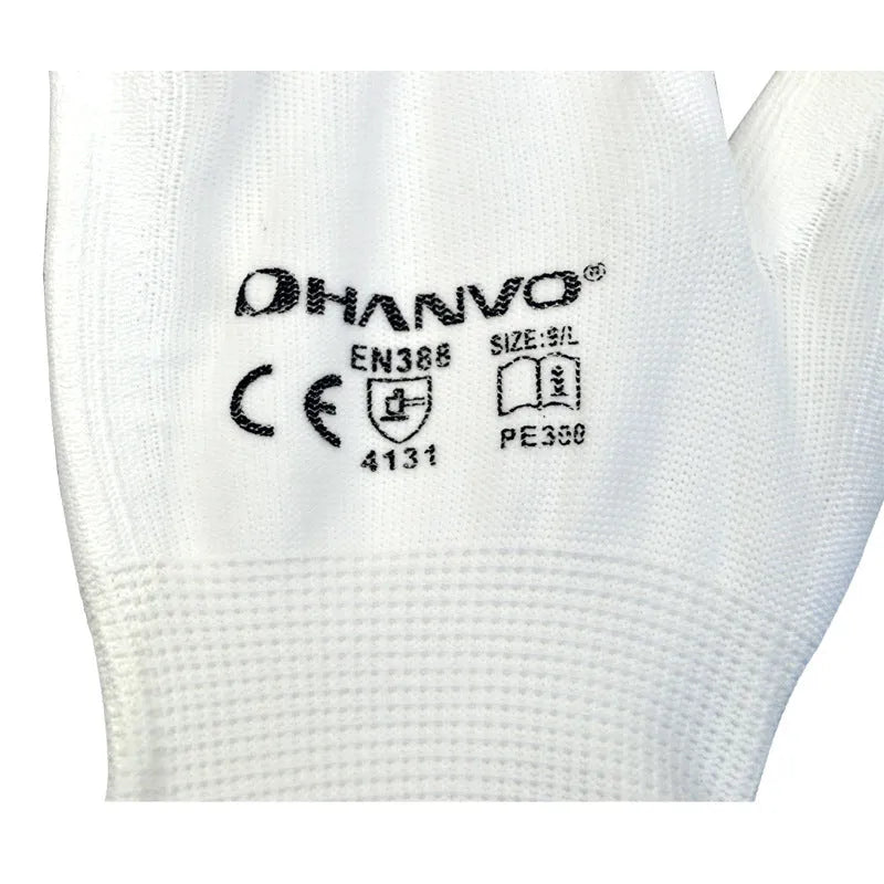 White PU coated labour gloves showing wear-resistant palm and breathable back, sizes M and L.