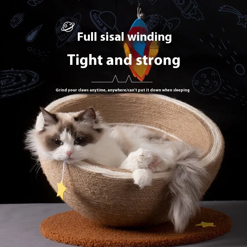 Large cat scratching post with integrated flannel-lined nest in starlight sisal colour