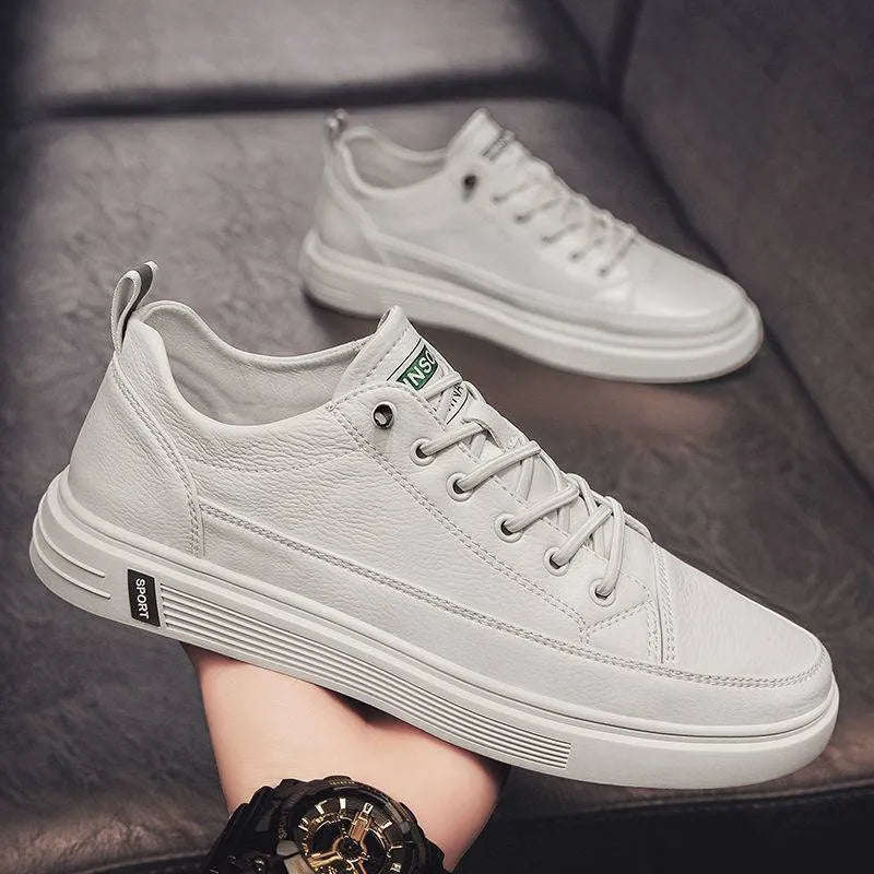 Men's white casual shoes with round toe and low flat heel, Korean style shallow opening.