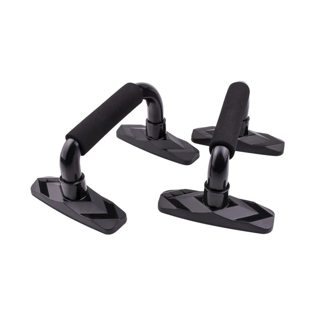 Pair of I-shaped black push up bars with textured PP sponge handles for strength training.