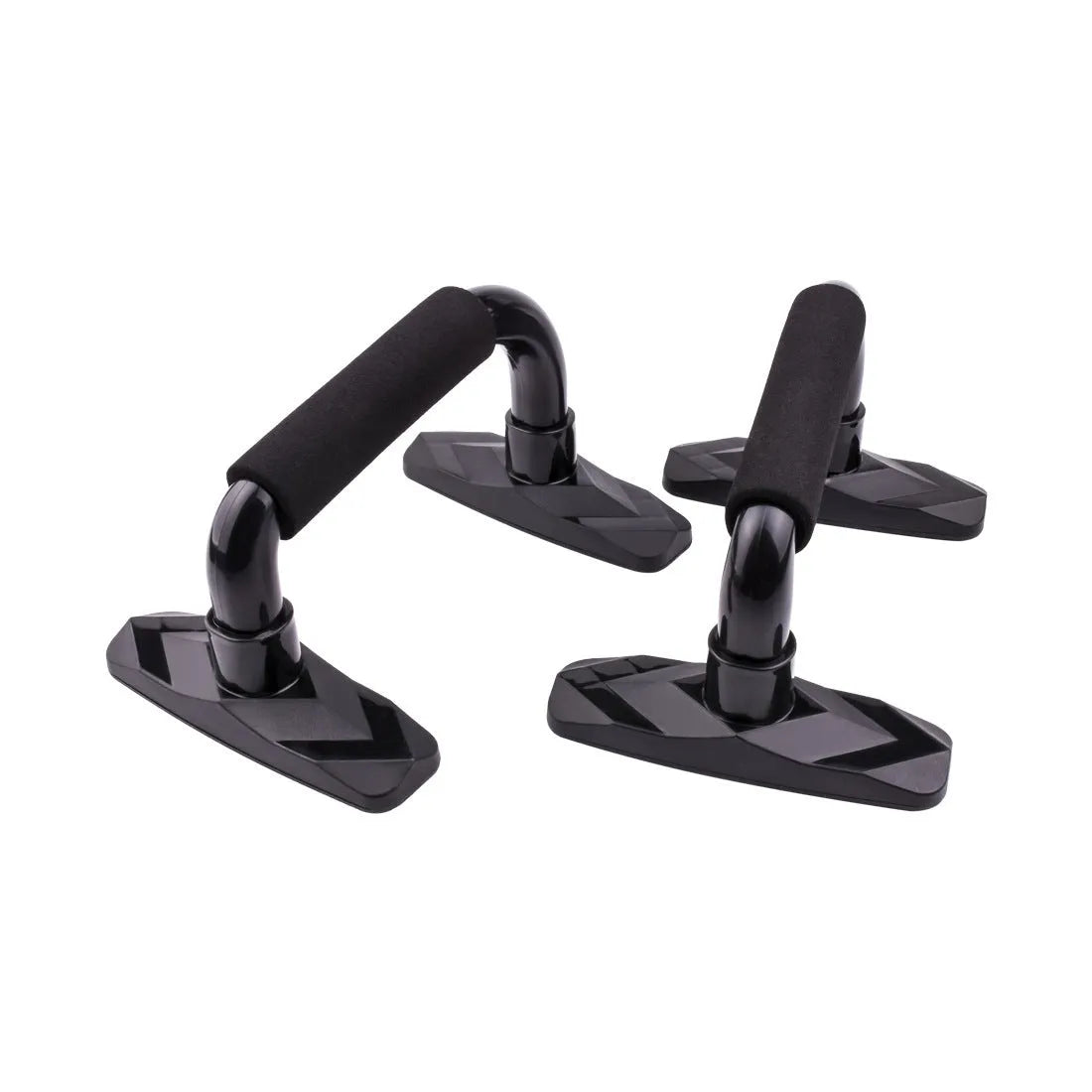 Pair of I-shaped black push up bars with textured PP sponge handles for strength training.