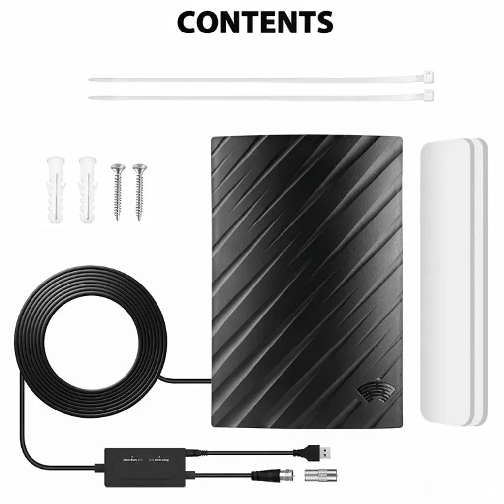 Black plastic digital television antenna with mounting hardware including screws and expansion tubes