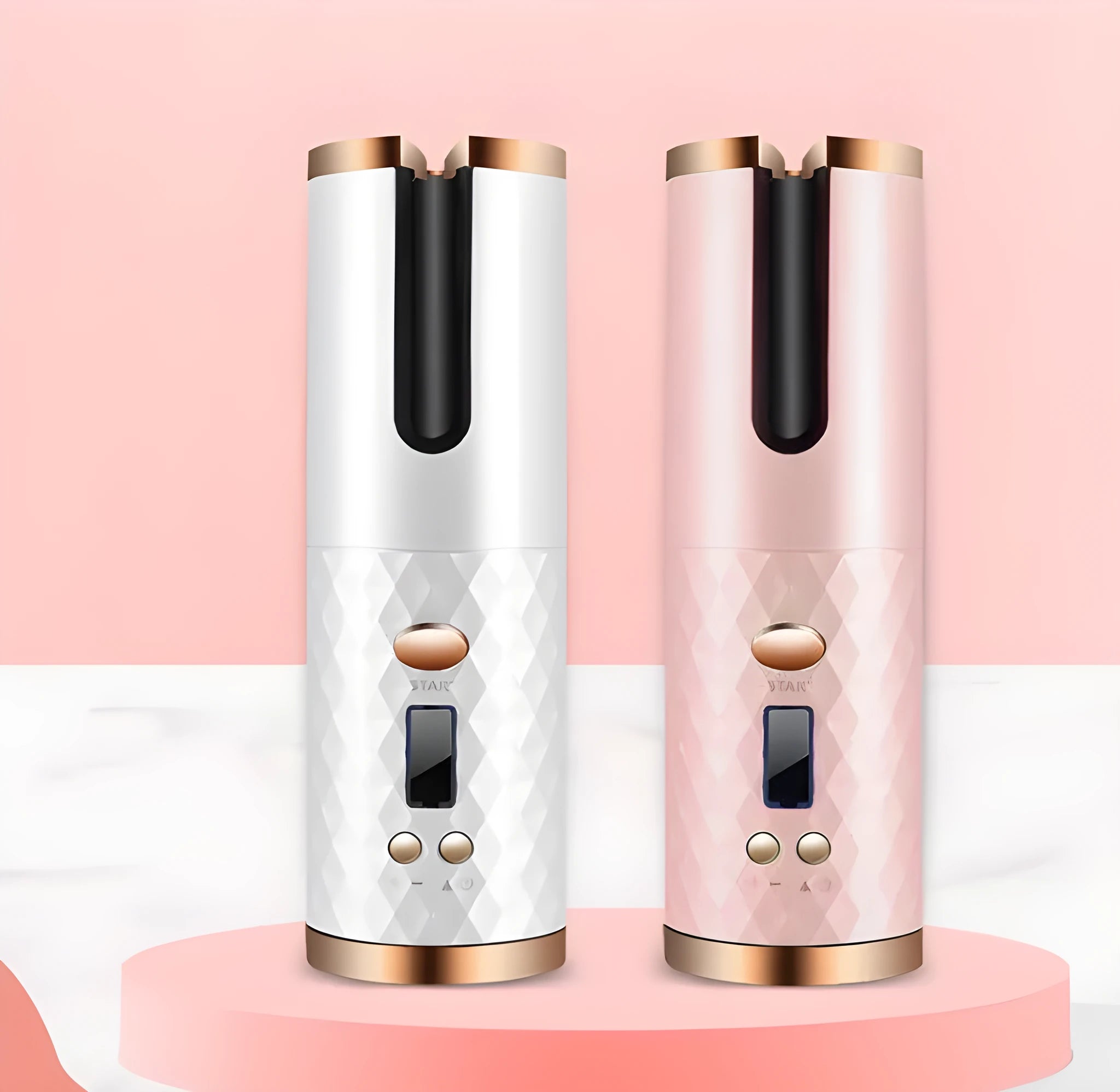 Portable USB charging mini curling iron with gold ceramic barrel in white, pink, or grey colours