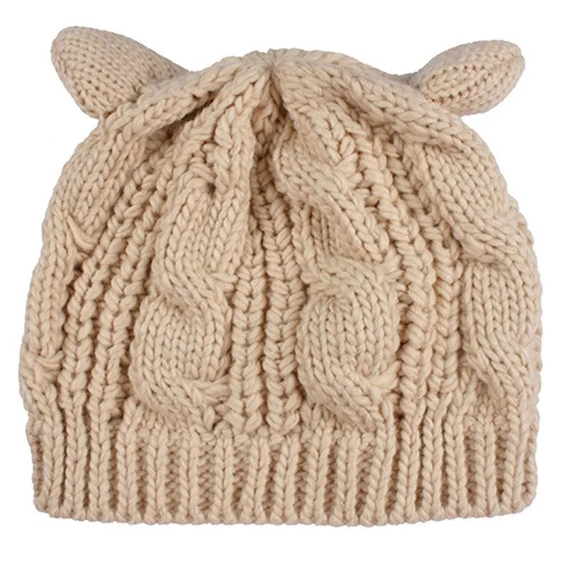 Hand made 3D knitted cat ear winter beanie in wool, shown in multiple colour options