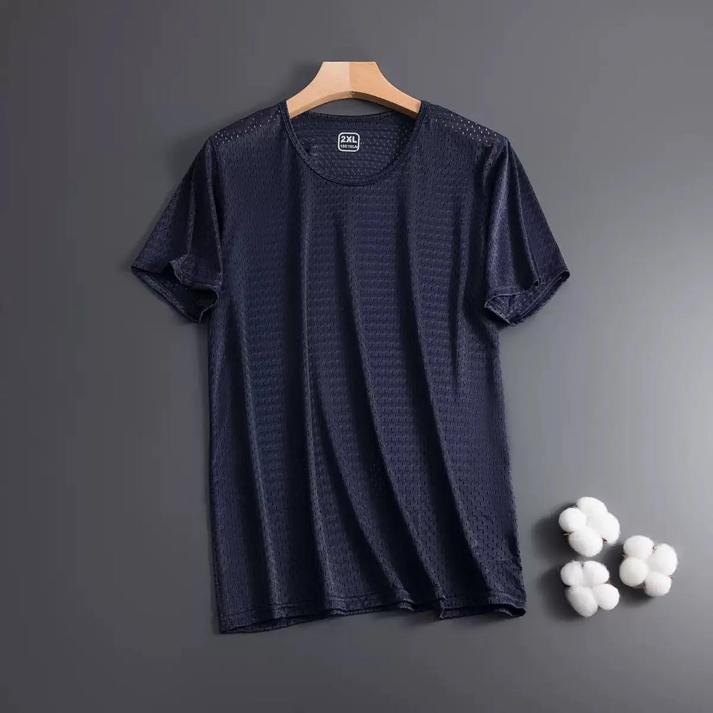 Men's ice silk loose fit short sleeve t-shirt in black, shown front view.