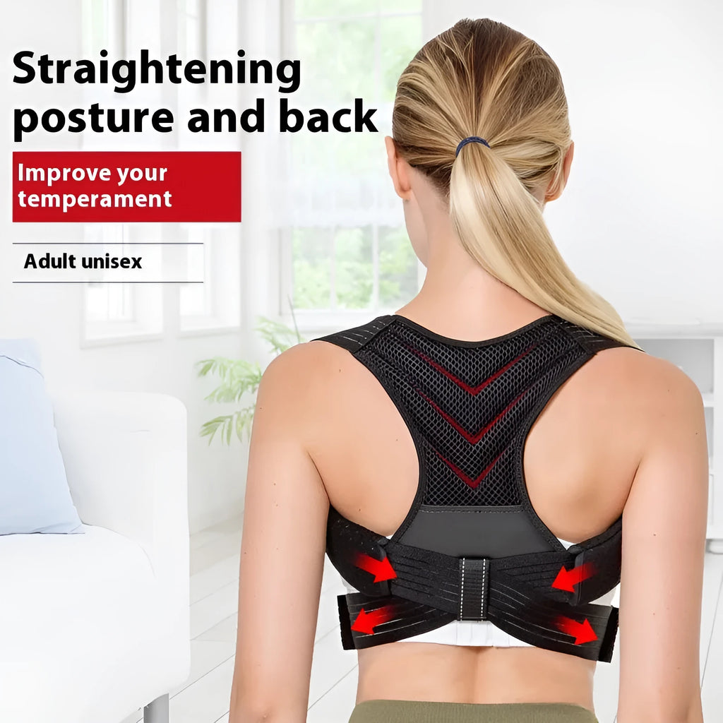 Black adjustable anti-humpback posture correction belt worn on torso