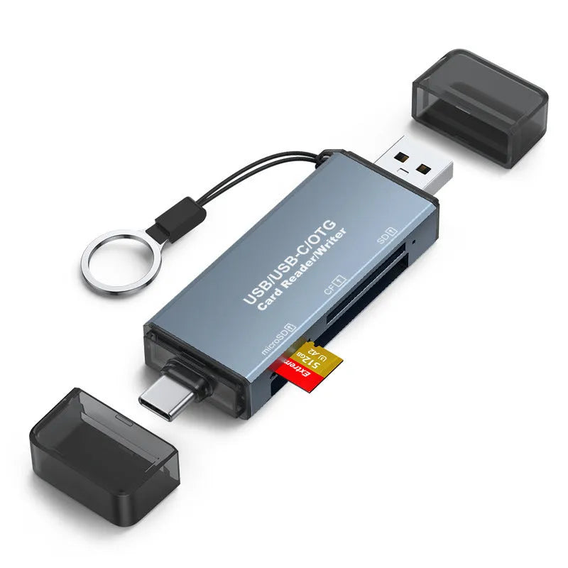 Aluminium CF SD TF three-in-one card reader with USB 2.0 interface and compact 9.2cm design