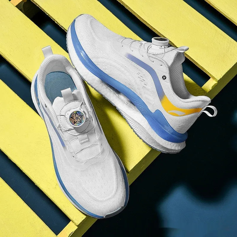 Men's high-top breathable mesh sneaker in cotton candy colour with buckle closure and flat composite sole.