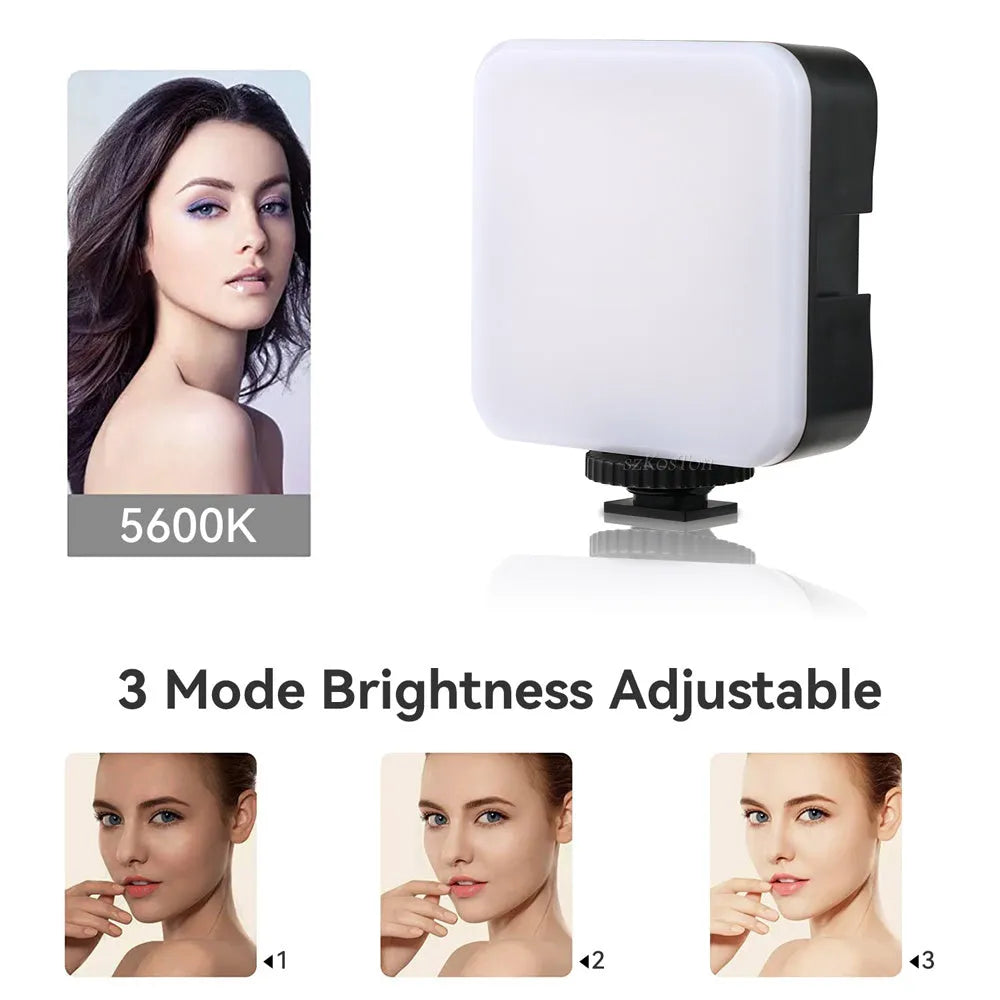 LED mini square pocket light tripod flash unit showing compact 7.3x2.8x8.4 cm dimensions and multiple attachment configurations