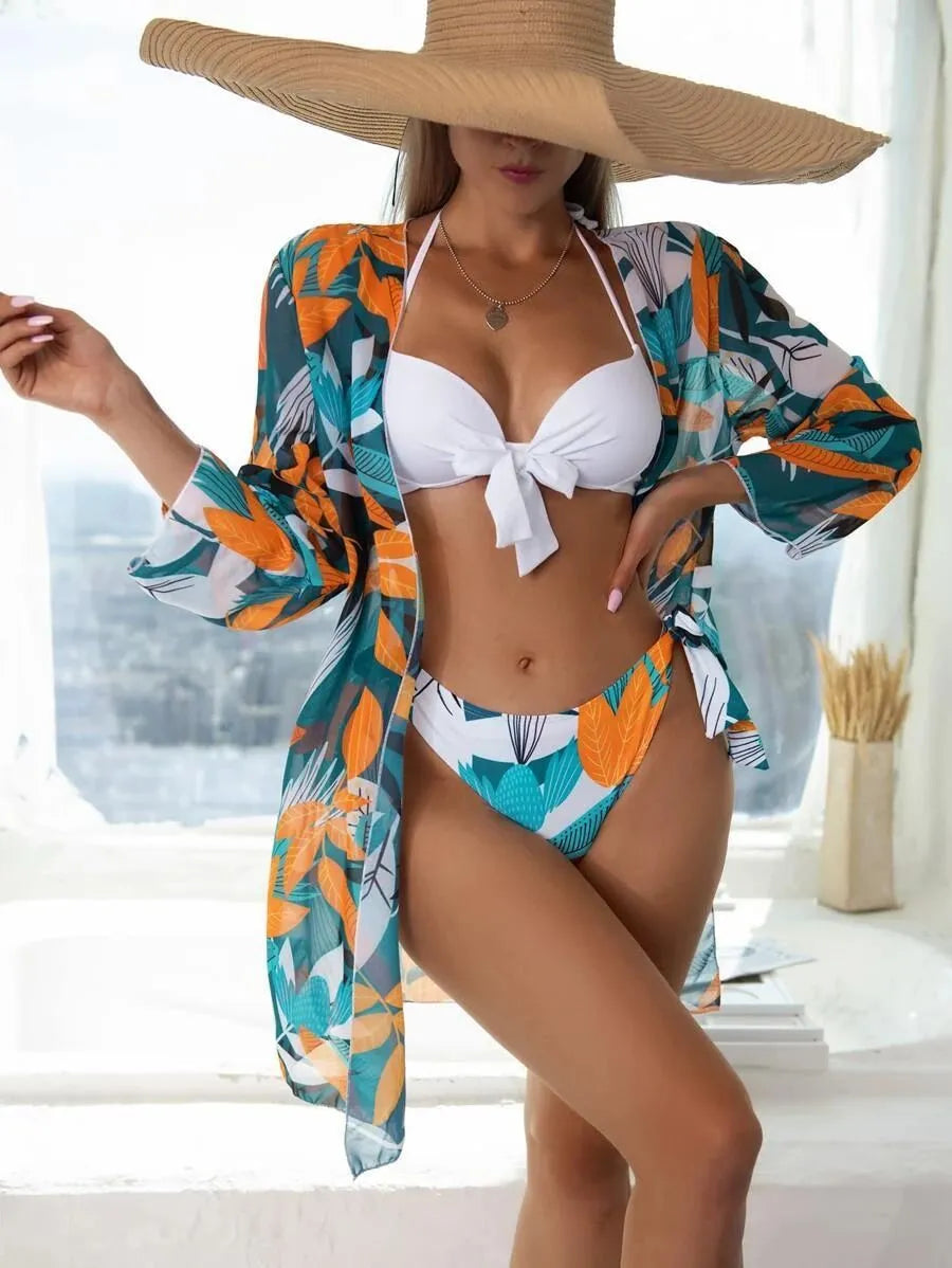 Women's three-piece bikini mesh split swimsuit in quick-drying polyester with high elasticity