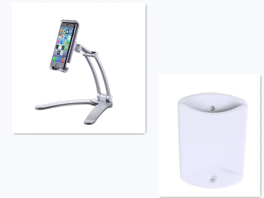Silver aluminum alloy desktop tablet stand holding a tablet at adjustable angle with white mounting base