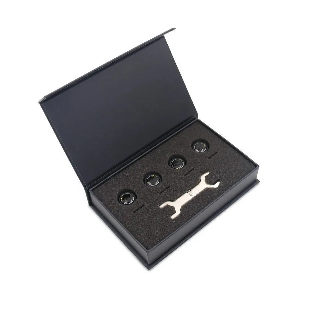 Bluetooth 5.0 automotive tire pressure monitor set with four sensors, wrench, and anti-theft screws