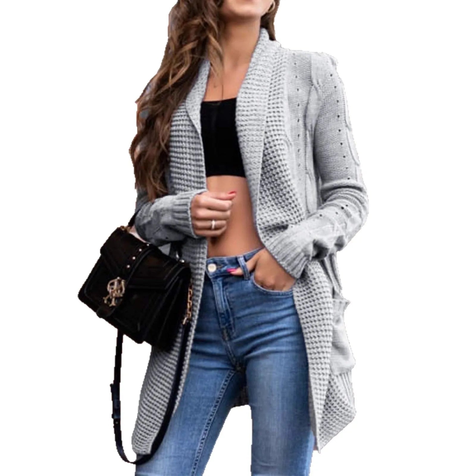 Grey women's cardigan coat with pockets and long sleeves in loose street fashion style