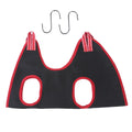 Pet grooming hammock restraint bag in four sizes hanging for cat and dog nail trimming and bathing.
