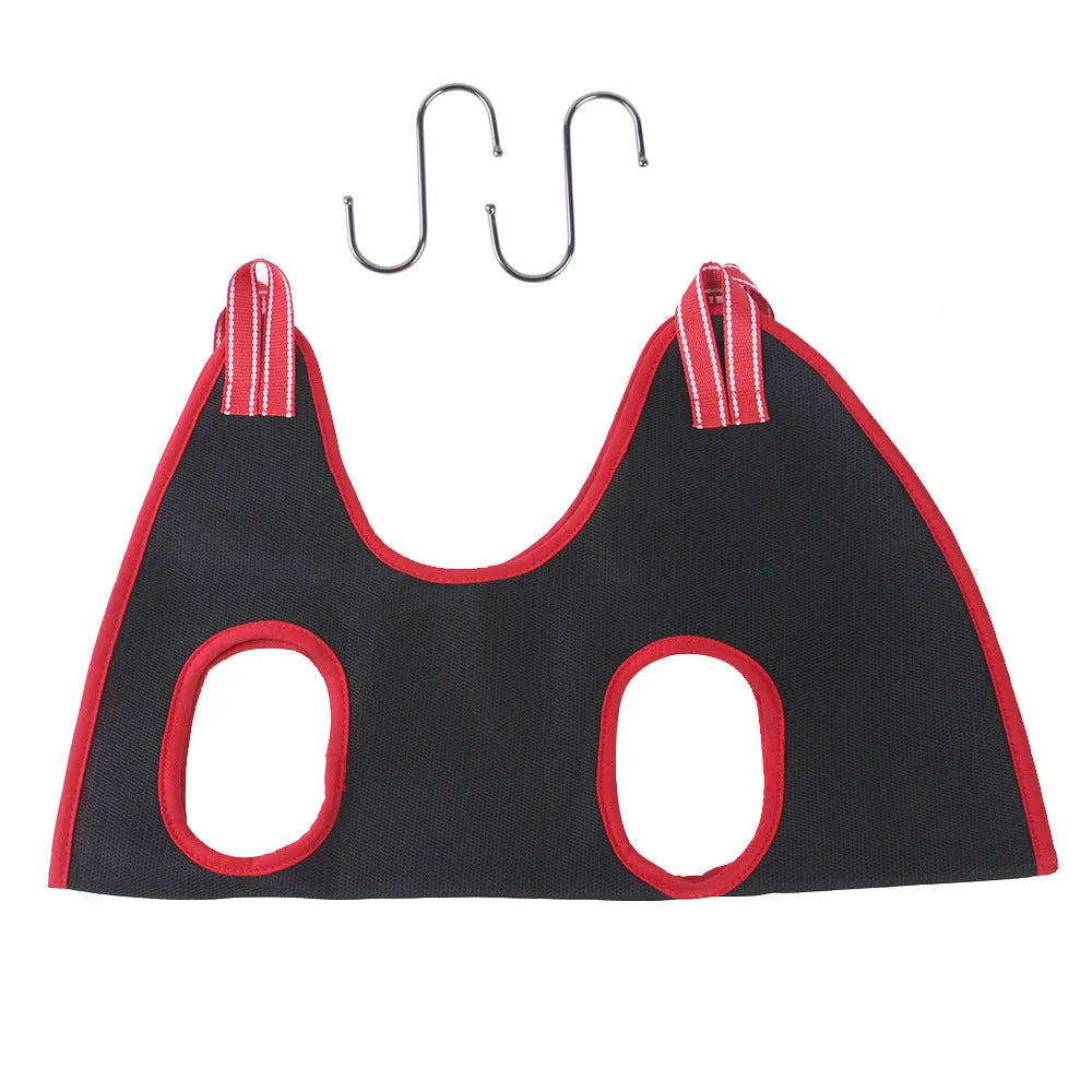 Pet grooming hammock restraint bag in four sizes hanging for cat and dog nail trimming and bathing.