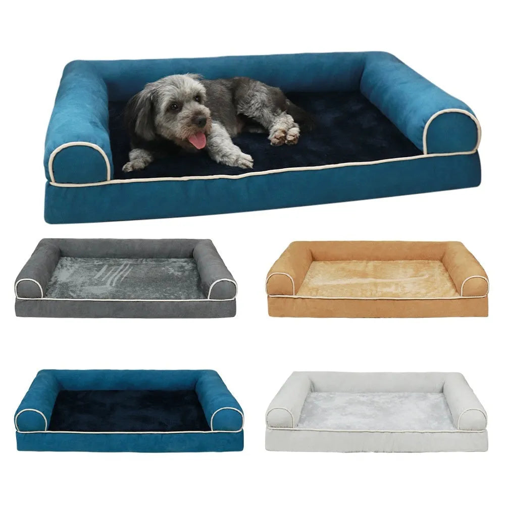 Square sponge dog bed with cloth cover in blue colour, showing breathable cooling design