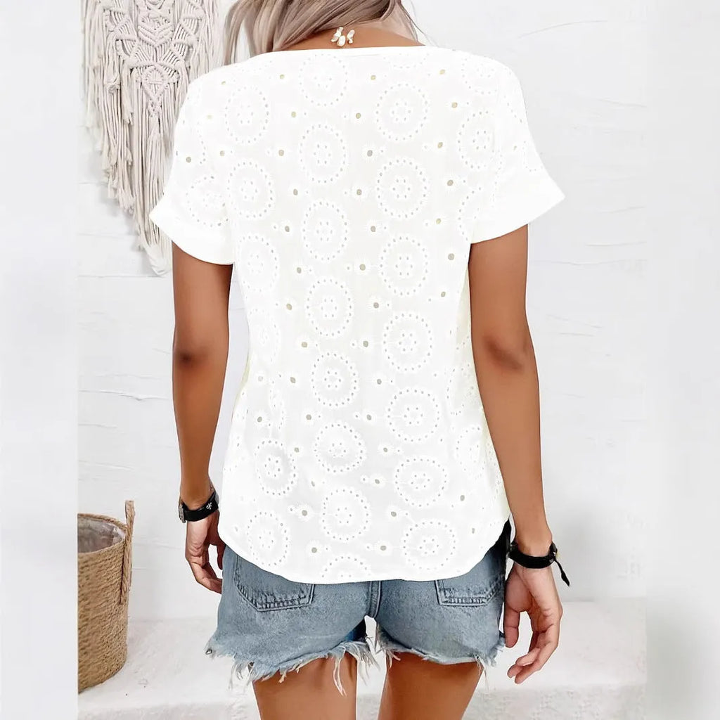 White V-neck T-shirt with hollow out design detail, loose fit, short sleeves