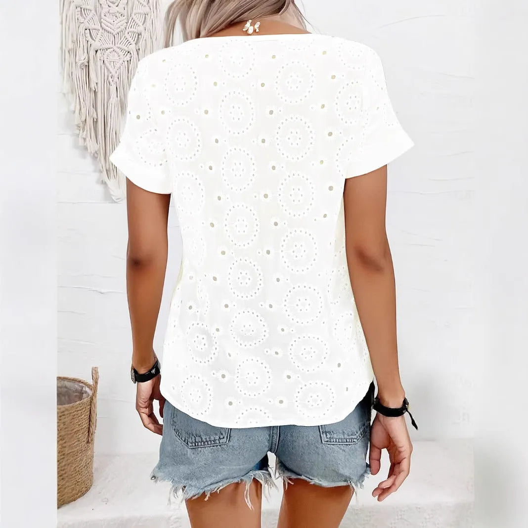 White V-neck T-shirt with hollow out design detail, loose fit, short sleeves