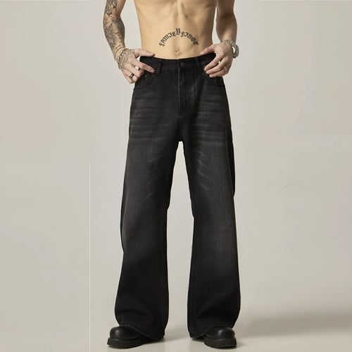 Black loose straight-leg American retro jeans with zipper fly on mannequin