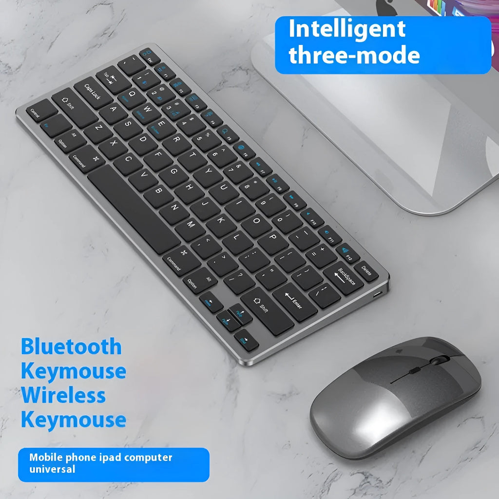 Ultra-thin silent wireless keyboard and rechargeable mouse set in black, gunmetal, or silver.