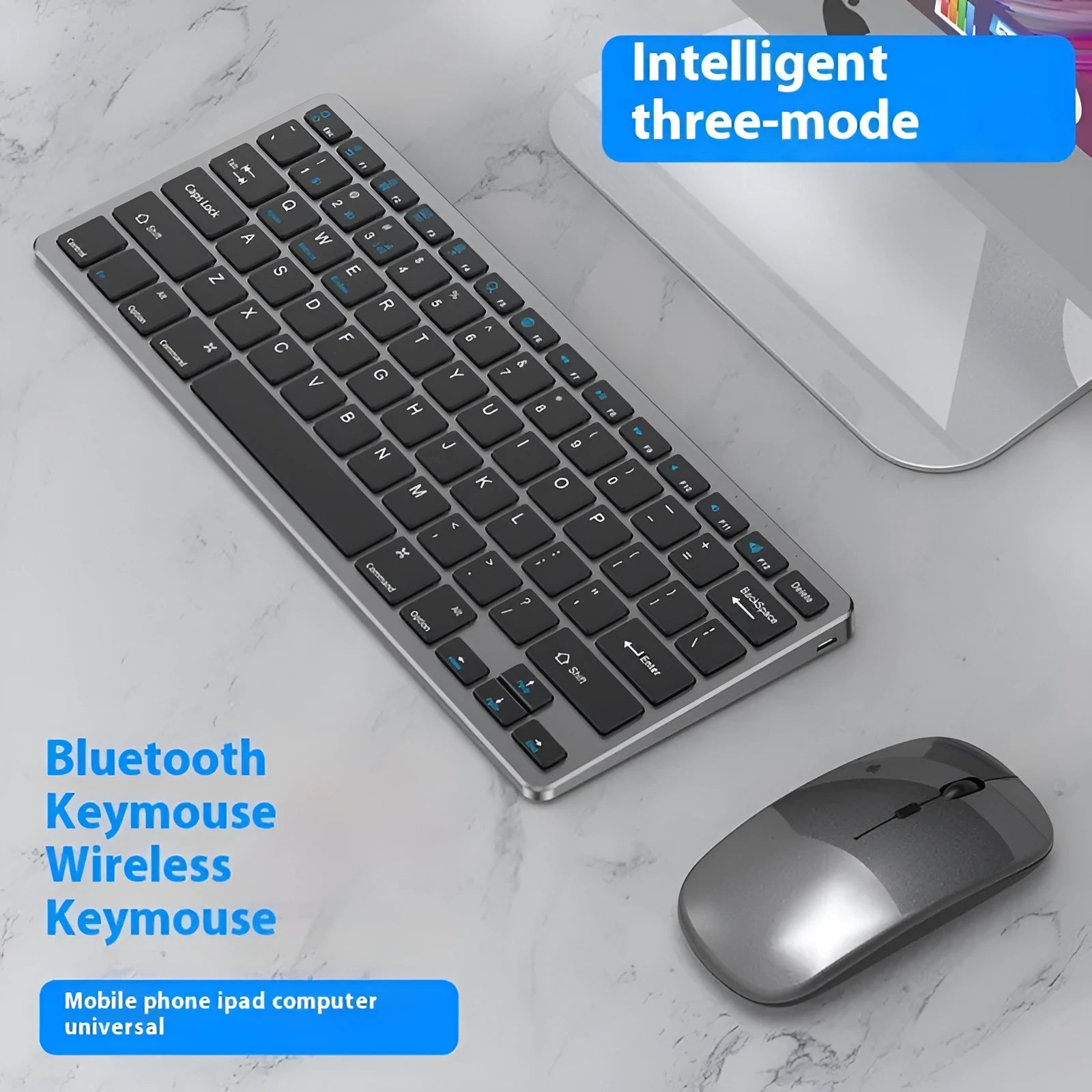 Ultra-thin silent wireless keyboard and rechargeable mouse set in black, gunmetal, or silver.