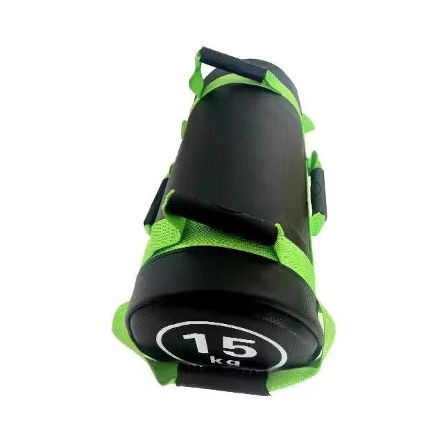White PVC fitness training sandbag with weight markings for gym strength exercises