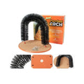 White plastic cat grooming arch scratcher toy with built-in brush bristles