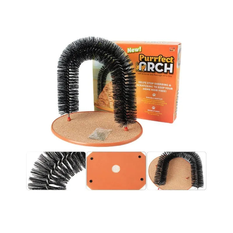 White plastic cat grooming arch scratcher toy with built-in brush bristles