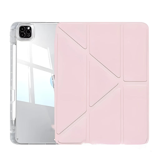 Transparent acrylic iPad screen cover with a fold-out stand, shown in pink on a tablet.