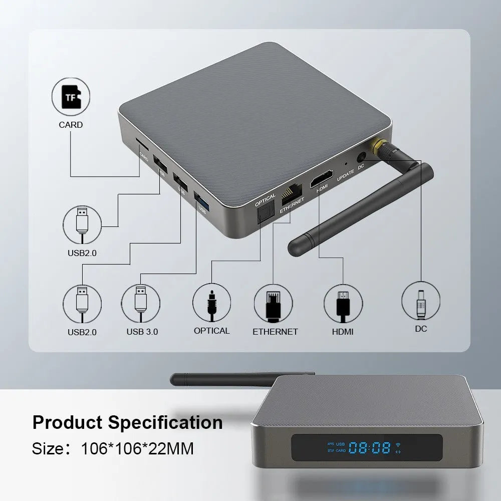 Android 8K streaming media player set-top box with remote control and cables
