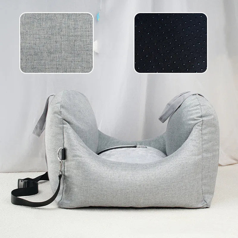Removable washable cloth pet travel mat in light grey for small dogs and cats under 10kg with adjustable snap buckle