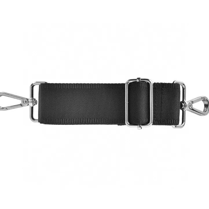 Black Oxford cloth laptop backpack showing multi-pocket interior and a lock on the front.