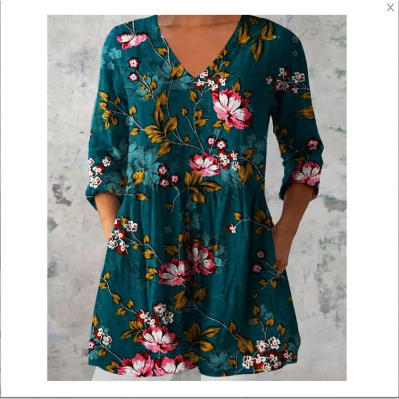 Women's printed wave dress with 3/4 sleeves and loose wide waist fitting in polyester fabric