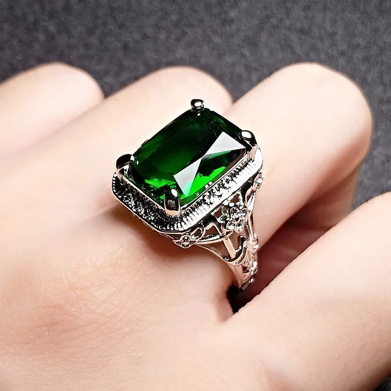 Geometric copper women's ring with pigeons-blood ruby gemstone and platinum colour electroplating