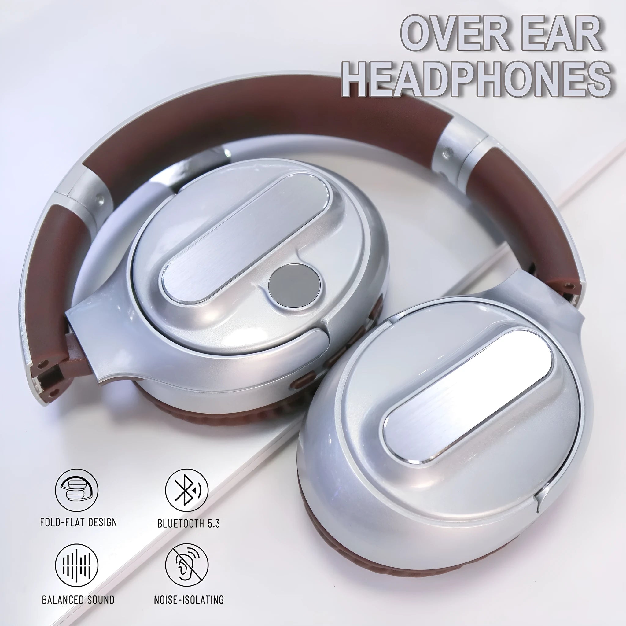 Retro wireless Bluetooth headset with digital power display in black plastic, head-mounted design